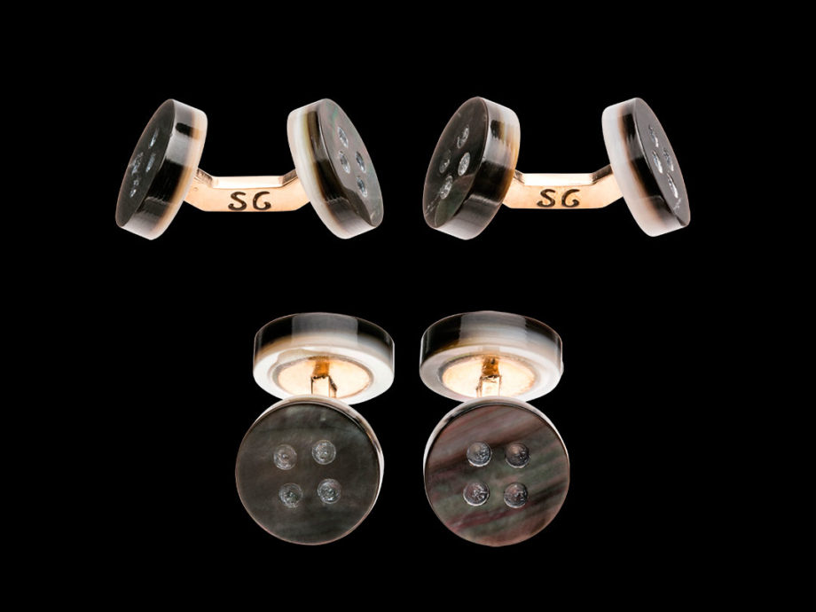 Archetypal evening cufflinks in grey mother-of-pearl and bronze links