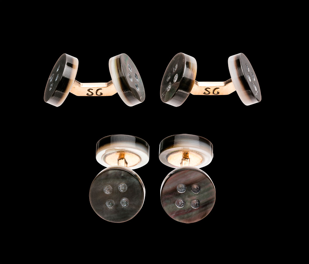 Archetypal evening cufflinks in grey mother-of-pearl and bronze links
