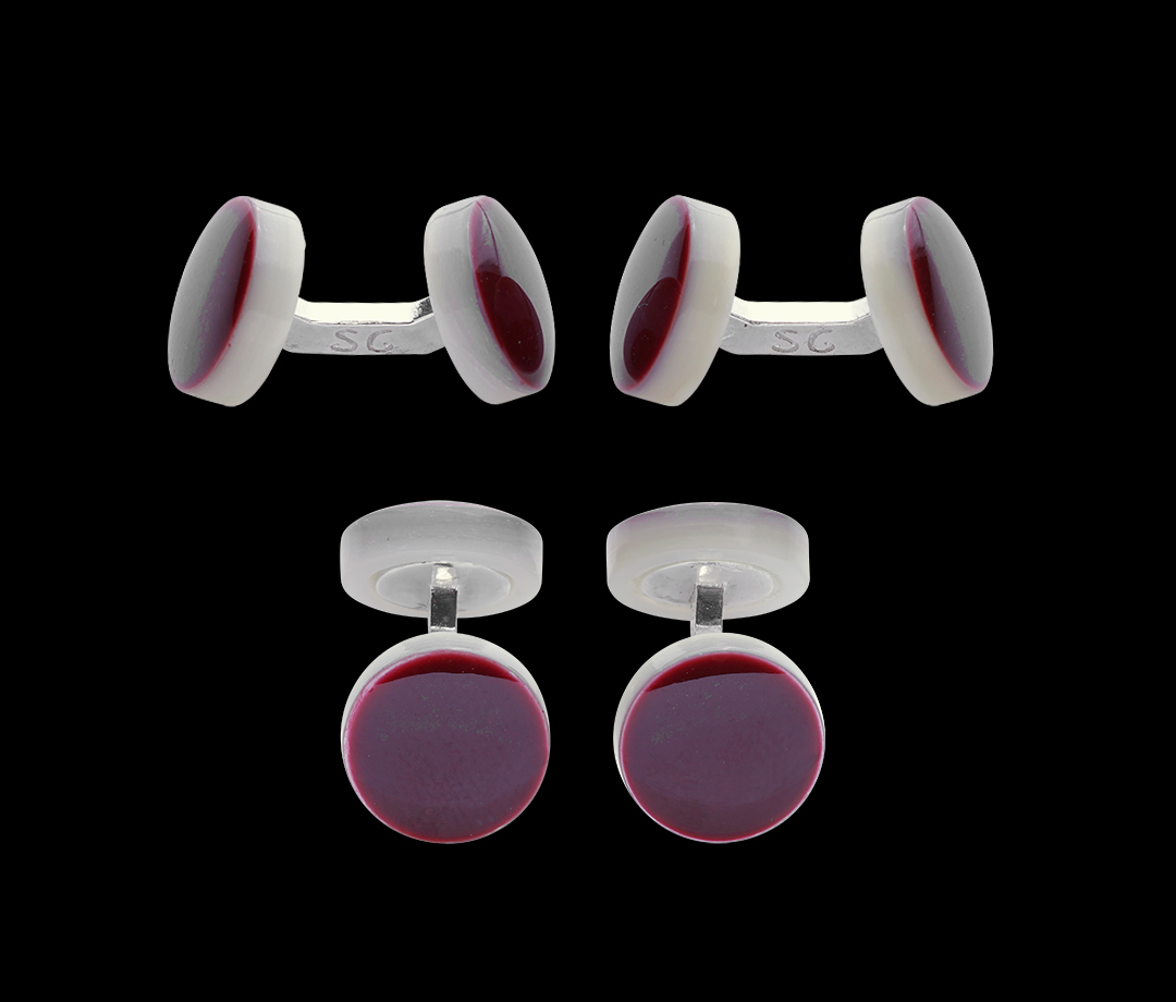 Cufflinks with burgundy cabochon and silver links