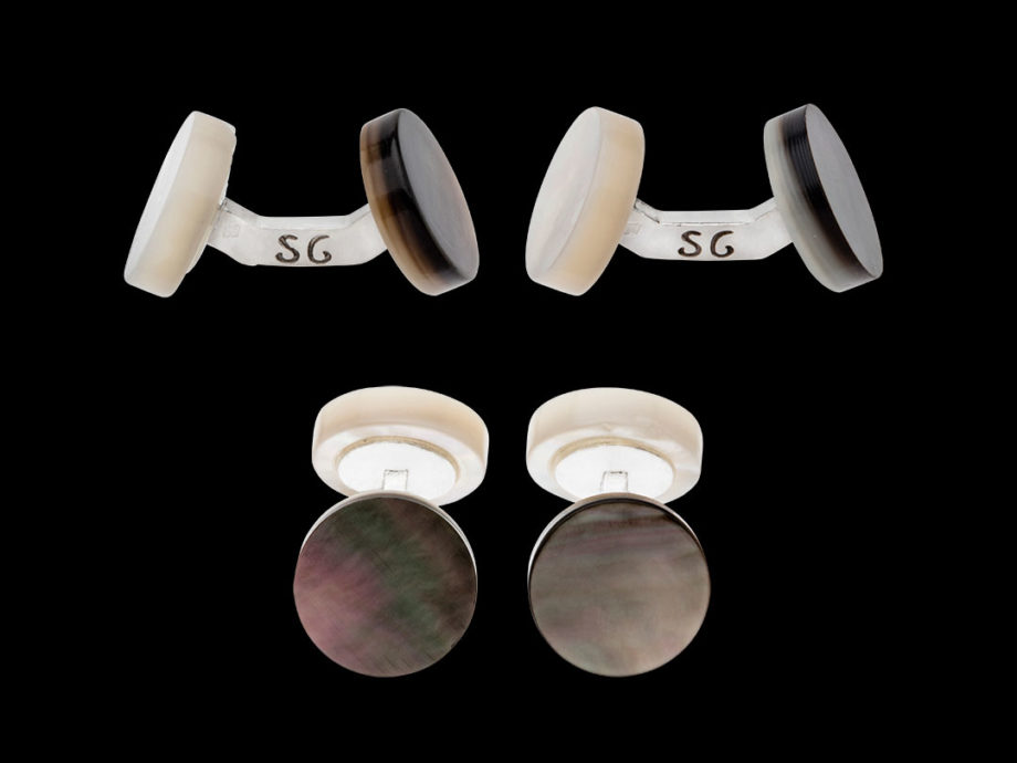 Grey and white mother-of-pearl eclipse cufflinks with silver links