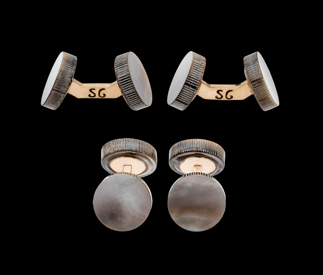 Laser evening cufflinks in grey mother-of-pearl and bronze links